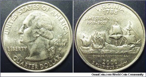 US 2000 quarter dollars, commemorating Virginia, mintmark P. Special thanks to Arthrene!