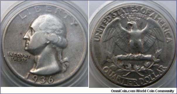 WASHINGTON QUARTER DOLLAR, 25 Cents. 
1936-Mintmark: None (for Philadelphia, PA) below the wreath on the reverse.
Metal Content:
Silver - 90%
Copper - 10%