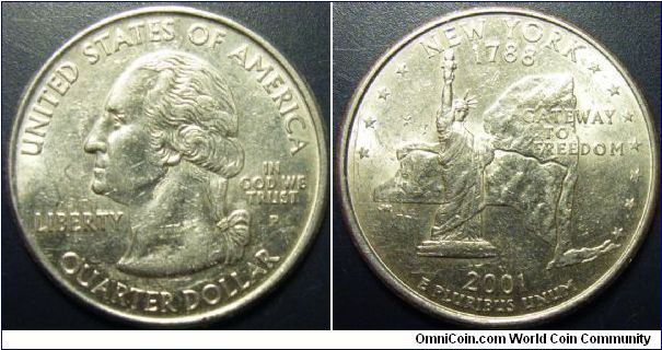 US 2001 quarter dollar, commemorating New York, mintmark P. Special thanks to Arthrene!