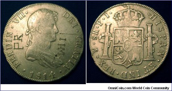 8 reale PTS (Potosi) Bolivia mint, Assayer P.J. 1814 Ferdinand VII with graffiti obv. (26.85g)