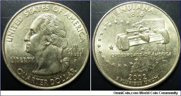 US 2002 quarter dollar, commemorating Indiana, mintmark P. Special thanks to Arthrene!