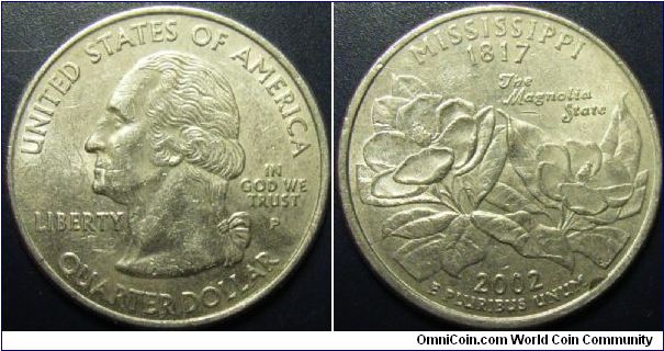 US 2002 quarter dollar, commemorating Mississippi, mintmark P. Special thanks to Arthrene!