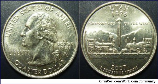 US 2007 quarter dollar, commemorating Utah, mintmark D. Special thanks to Arthrene!