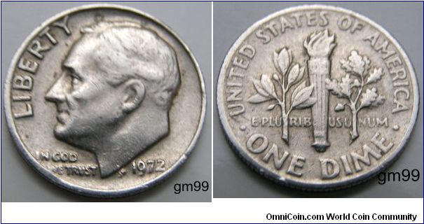 Franklin Delano Roosevelt Dime, 10 Cents. 1972- Mintmark: None (for Philadelphia, PA) above the date