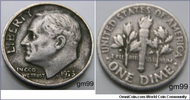 Franklin Delano Roosevelt Dime, 10 Cents. 1973-Mintmark: None (for Philadelphia, PA) above the date