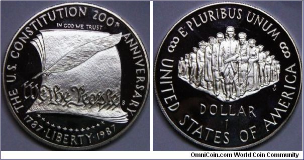 United States, The U.S. Constitution 200th Anniversary 1787 - 1987, One Dollar, 1987S. 26.7300 g, 0.9000 Silver, .7736 Oz. ASW., 38.1mm. Mintage: 2,747,116 units. PROOF.