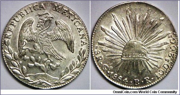 Republic, 8 Reales, 1884Go BR. Guanajuato minted. 27.0700 g, 0.9030 Silver, .7859 ASW. Mintage: 2,100,000 units. UNC.