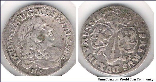 Prussia silver 6 Groschen.
Frederick William, Duke of Prussia, 1681.