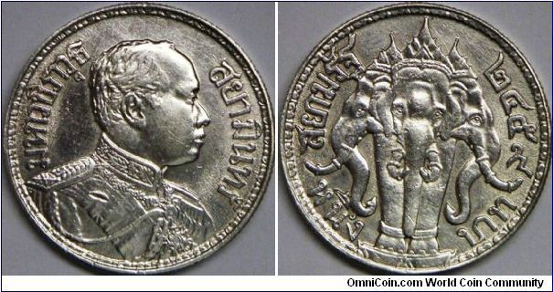Kingdom of Siam, Rama VI (Phra Maha Vajiravudh, 1910 - 1925), 1 Baht, BE2456 (1913). 15.0000 g, 0.9000 Silver, .4340 Oz. ASW. Mintage: 2,690,000 units. NOTE: BE2456 (1913) is often found weakly struck so it does appear similar to a counterfeit. UNC.
