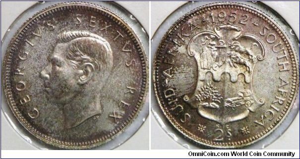 George VI, 2 Shilings, 1952. 11.3100 g, 0.5000 Silver, .1818 Oz. ASW. 28.3mm. Mintage: 16,000 units. Toned PROOF.