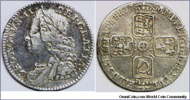 George II, Older laureate head left, 6 Pence, 1758. 3.0100 g, 0.9250 Silver, .0895 Oz. ASW. near very fine.
