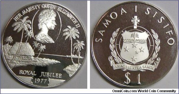 Samoa, Elizabeth II, 1977, 1 Tala. 30.4000 g, 0.9250 Silver, .9040 Oz. ASW. 38.8mm. Subject: Queen's Silver Jubilee. Reverse: Cameo flanked by palm trees. Mintage: 6,171 units. PROOF.