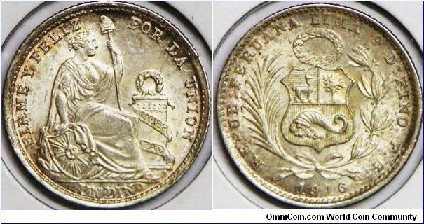 Republic of Peru (Decimal systems), 1 Dinero, 1916 FG Small Date. 2.5000 g, 0.9000 Silver, .0723 Oz. ASW. Mintage: 430,000 units. UNC, nicely toned. [SOLD]