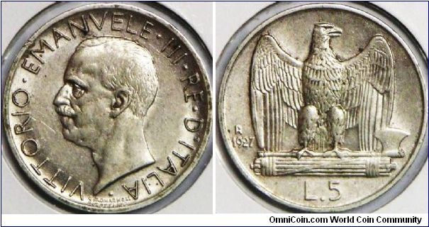 Kingdom of Vittorio Emanuele III (1900 - 1946), 5 Lire, 1927R. 5.0000 g, 0.8350 Silver, .1342 Oz. ASW. 23mm. Mintage: 97,887,000 units. AU.