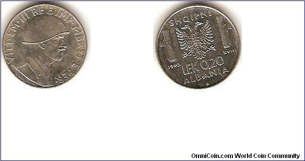 0.20 lek
Victor Emanuel III
Italian occupation