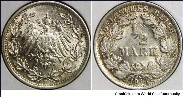 German Empire, Welhelm II, 1/2 Mark, 1913F (Mint: Stuttgart). 2.7770 g, 0.9000 Silver, .0803 Oz. ASW. Mintage: 1,003,000 units. AU. [SOLD]