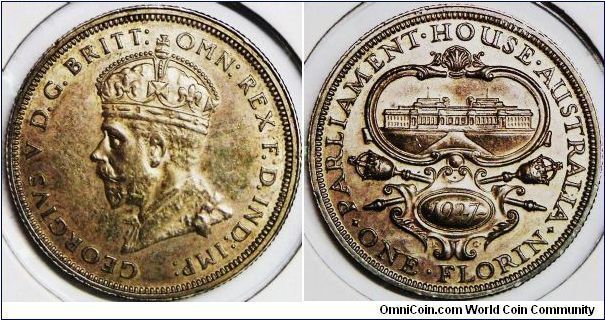 George V, Australian One Florin, 1927(m). Subject: Opening of Parliament House, Canberra. 11.3100 g, 0.9250 Silver, .3363 Oz. ASW. 28.5mm. Mintage: 2,000,000 units. [SOLD]