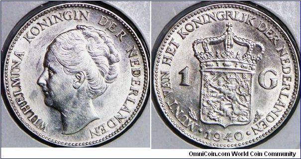 Wilhelmina I, 1 Guiden, 1940. 10.0000 g, 0.7200 Silver, .2315 Oz. ASW. Mintage: 21,300,000 units. AU.