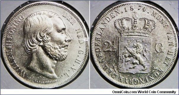 William III, 2 1/2 Guiden, 1874. 25.0000 g, 0.9450 Silver, .7596 Oz. ASW. 38mm. Mintage: 3,040,000 units. Cleaned. Good VF. [SOLD]