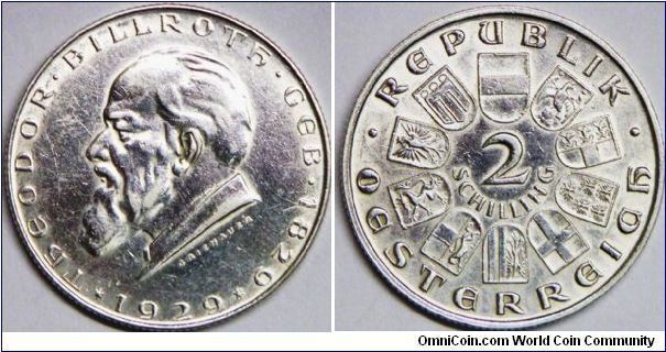 Republic, Pre-World War II Decimal Coinage (100 Groschen = 1 Schilling), 2 Schilling, 1929. 12.0000 g, 0.6400 Silver, .2469 Oz. ASW. Subject: 100th Anniversary - Birth of Dr. Theodor Billroth, Surgeon. Obverse: Head of Dr. Theodor Billroth. Mintage: 2,000,000 units. XF. [SOLD]