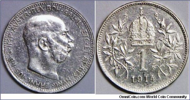 Empire, Franz Joseph I (1848 - 1916), 1 Corona. 5.0000 g, 0.8350 Silver, .1342 Oz. ASW. Mintage: 37,897,000 units. XF.