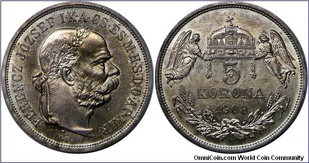 Kingdom, Franz Joseph I (1848 - 1916), 5 Korona, 1909KB. 24.0000 g, 0.9000 Silver, .6944 Oz. ASW. Mintage: 1,299,000 units. Toned, uncirculated.