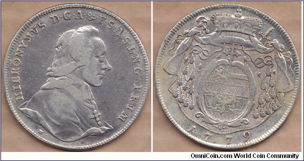 Austrian States - Salzburg, Heironymus, Graf von Colloredo-Walsee (1772 - 1803), Thaler, 1779M. 28.0600 g, 0.8330 Silver, .7516 Oz. ASW. Good fine.