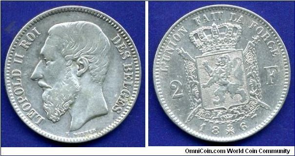 2 Francs.
Leopold II (1865-1909) Roi Des Belges.


Ag900f. 10gr.