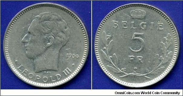 5 Frank/1 Belga.
*BELGIE*.
Leopold III (1934-1951).



Cu-Ni.