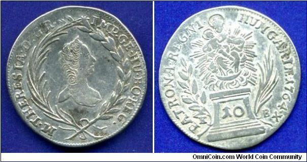 10 kreuzer.
Maria Theresia (1740-1780) queen of Hungary & Bohemia.
(KB)Kremnitz mint.


Ag500f. 3,90gr.