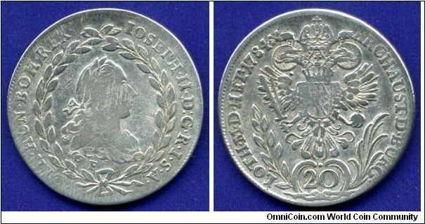 20 kreuzer (zwanziger).
Iosiph II (1765-1790) emperor of Holy Roman empire.
(F) Hall mint.


Ag583f. 6,68gr.