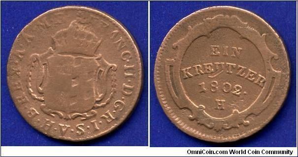 1 kreuzer.
Burgau.
Further Austria.
Francisc II (1792-1806) emperor of Holy Roman empire.
(H)Gunzburg mint.


Cu.