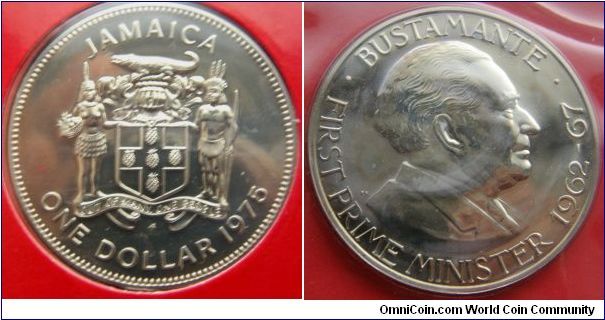 Jamaica, 1975 Specimen Set. 1 Dollar.  Sir Alexander Bustamante, the commonwealth's first prime minister.The Franklin Mint.