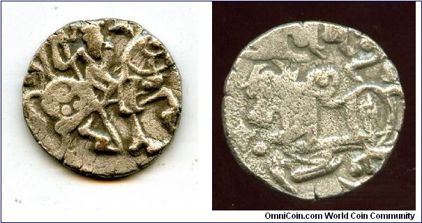 Samanta Deva
850 to 970
Silver drachm
15mm, 3.2grams 
Stylized horseman holding spear riding right 
Stylized humped bull with Brahmi name