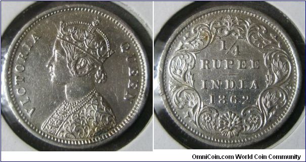 India, Queen Victoria. 1/4 Rupee. 1862. UNC.