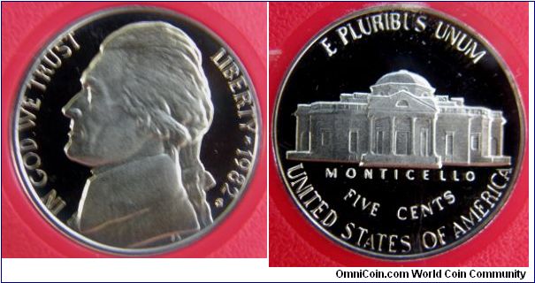 Thomas Jefferson Nickel, five Cents. Mintage:
Circulation strikes: 0
Proofs: 3,857,479. 1982S-Mintmark: Small S (for San Francisco, California) below the date on the obverse