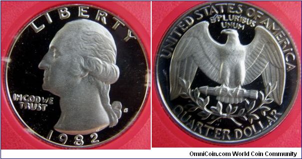 GEORGE WASHINGTON QUARTER DOLLAR,Twenty-Five cents. Mintage:
Circulation strikes: 0
Proofs: 3,857,479. 1982S-Mintmark: S (for San Francisco, CA) on the obverse just right of the ribbon