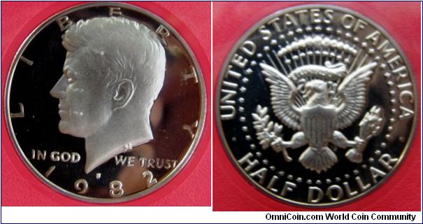 John F.Kennedy Half Dollar, Fifty Cents. Mintage:
Circulation strikes: 0
Proofs: 3,857,479. 1982S-Mintmark: S (for San Francisco, CA) centered above the date