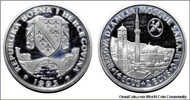 BOSNIA & HERCEGOVINA~14 ECUS+2 ECUS 1993. Silver proof: Sarajevo Mosque.