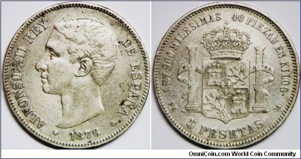Alfonso XII (1874 - 1885), 5 Pesetas, 1876 DE-M. 25.0000 g, 0.9000 Silver, .7234 Oz. ASW. Mintage: 8,548,000 units. About VF. [SOLD]