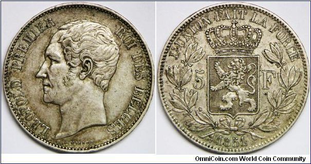 Leopold I (1831 - 1865), 5 Francs (5 Frank), 1851. 25.0000 g, 0.9000 Silver, .7234 Oz. ASW. Mintage: 3,708,000 units. VF+. [SOLD]