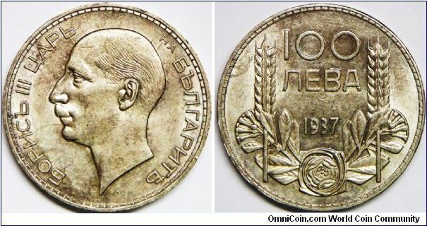 Boris III (1918 - 1943), 100 Leva, 1937. 20.0000 g, 0.5000 Silver, .3215 Oz. ASW. Mintage: 2,207,000 units. AU. [SOLD]