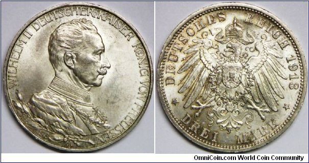 Wilhelm II - Prussia, German States 3 Mark, 1913A. Subject: 25th Year of Reign. 16.6670 g, 0.9000 Silver, .4823 oz. ASW. Brilliant Uncirculated. [SOLD]
