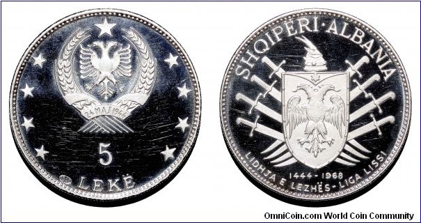 ALBANIA (PEOPLES REPUBLIC)~5 Leke 1968. Silver proof: Skanderbeg's Family Arms.