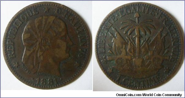 Republic Haiti, 1 Centime, 1881, Bronze. Mintage: 830,000 units. VF.
