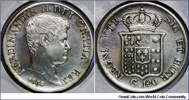 Italian States - Naples & Sicily, Ferdinand II (1830 - 1859), 120 Grana, 1834. 27.4g, 0.8330 Silver, .7373 Oz. ASW. Polished. VF ~ VF+ Detail. [SOLD]