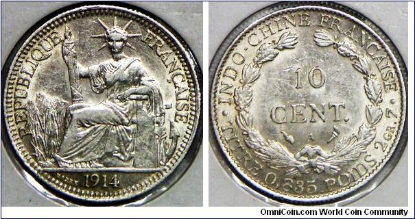 French Indo-China (French Colony), 10 Cents, 1914, 2.7000 g, 0.8350 Silver, .07250 Oz ASW, Mintage: 2,667,000 units. Good XF. [SOLD]