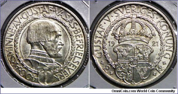 Kingdom - Gustaf V(1907 - 1950), 2 Kronor, 1921 W. 400th Anniversary of Political Liberty. 15.0000 g, 0.8000 Silver, .3858 Oz. ASW., 31mm. Mintage: 265,943 units. AU.