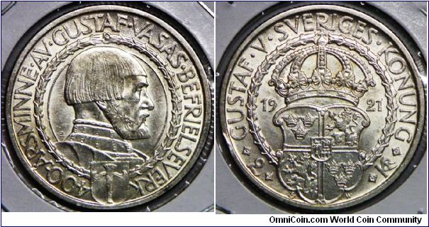 Kingdom - Gustaf V(1907 - 1950), 2 Kronor, 1921 W. 400th Anniversary of Political Liberty. 15.0000 g, 0.8000 Silver, .3858 Oz. ASW., 31mm. Mintage: 265,943 units. AU.