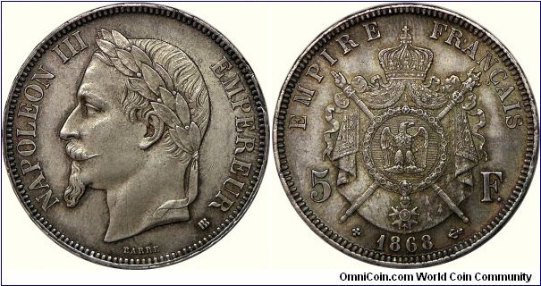 Second Empire, Napoleon III, 5 Francs, 1868 BB (Strasbourg minted). 25.0000 g, 0.9000 Silver, .7234 Oz. ASW. Mintage: 12,090,000 units. Practically as struck, but due to the cabinet friction, strictly it's good extremely fine or French grading 'Superb'.